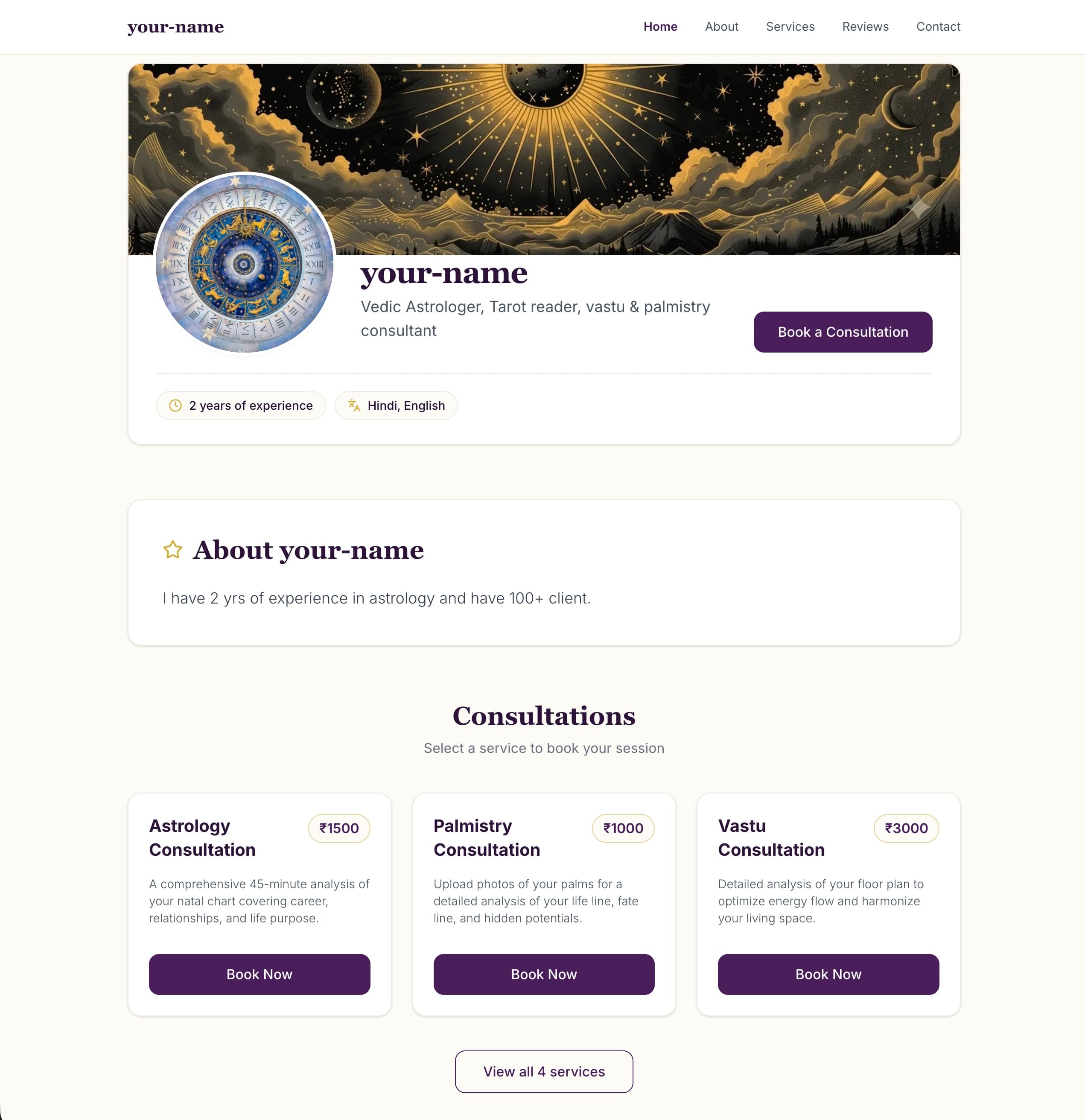 An astrologer's public AstroBiz website — banner, profile, and bookable services